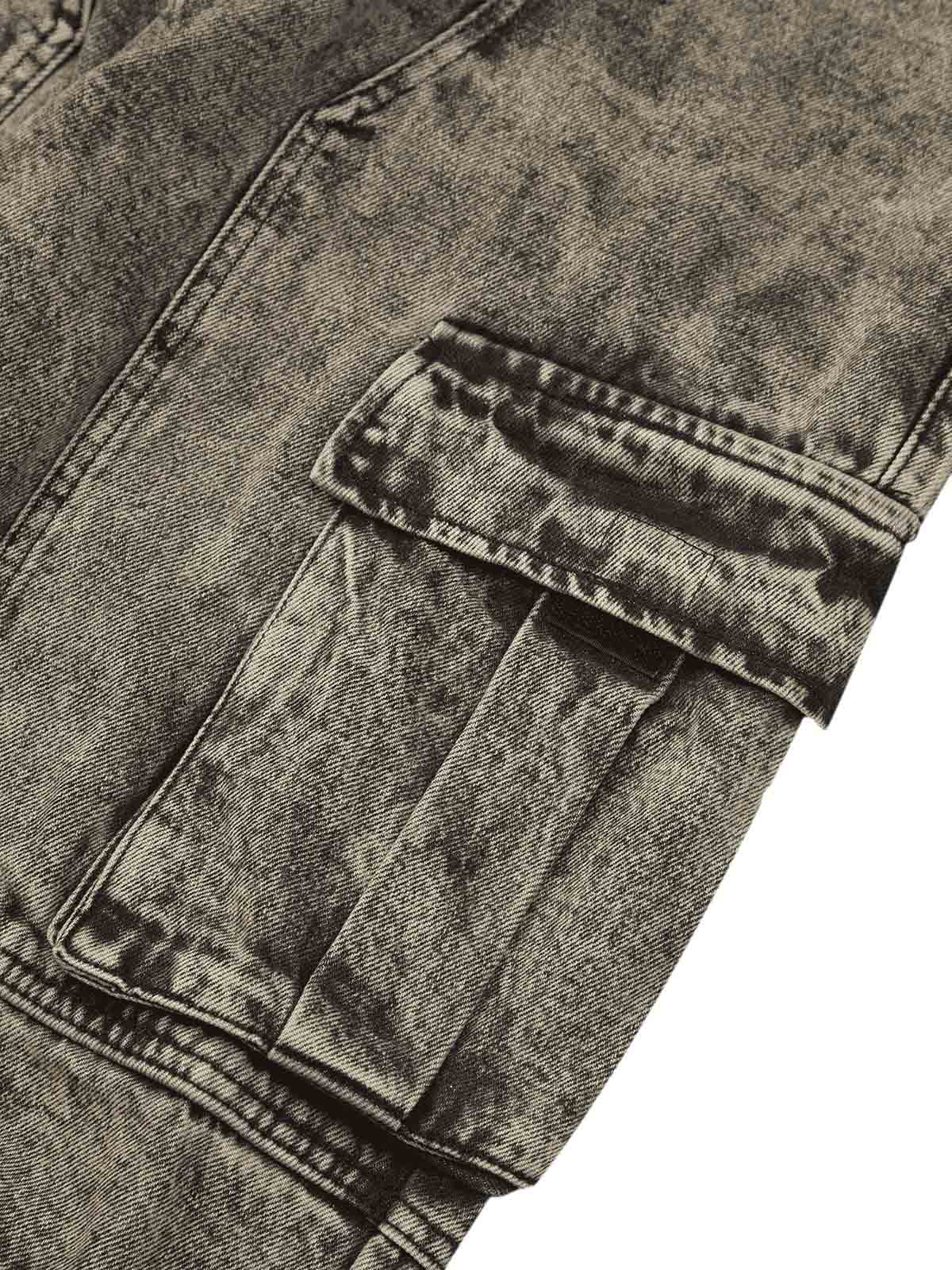 GRAY ACID-WASH CARGO PANTS MID WAIST STRAIGHT LEG DESIGN