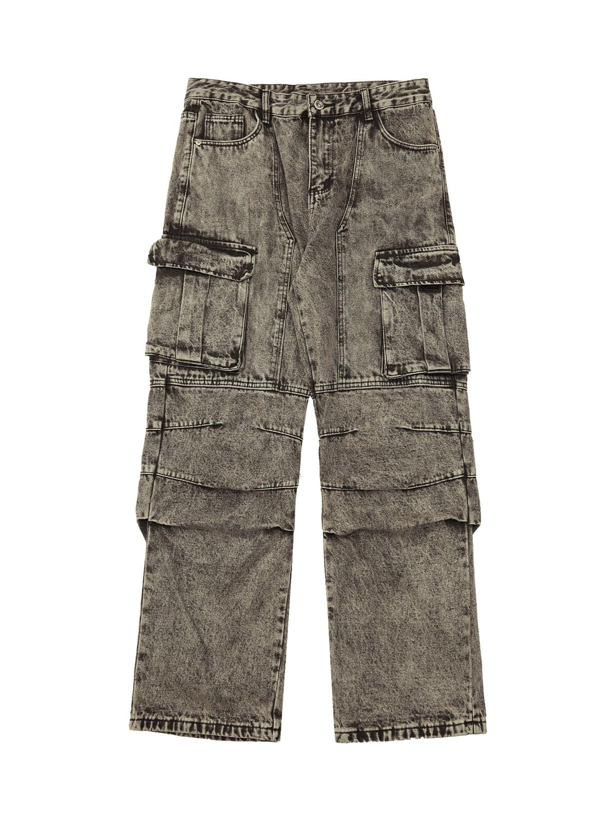 GRAY ACID-WASH CARGO PANTS MID WAIST STRAIGHT LEG DESIGN