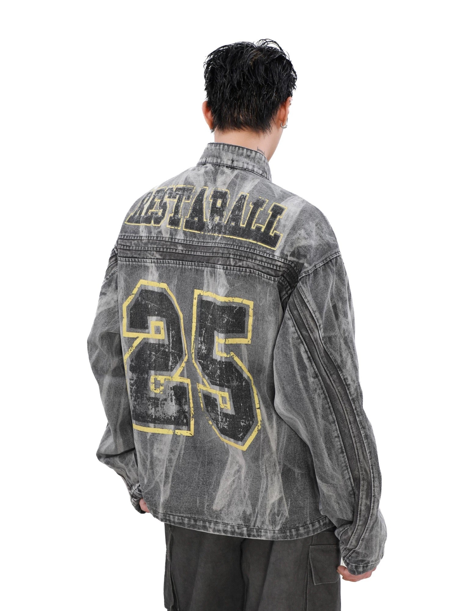 GRAY ACID-WASH DENIM JACKET WITH LOOSE FIT AND LONG SLEEVE DESIGN