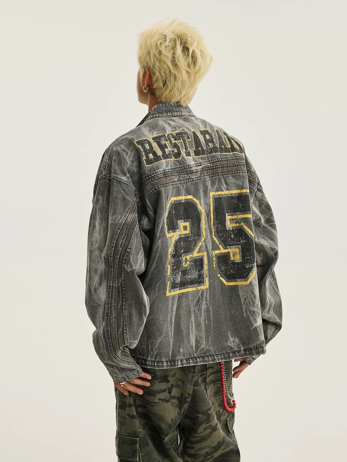 GRAY ACID-WASH DENIM JACKET WITH LOOSE FIT AND LONG SLEEVE DESIGN