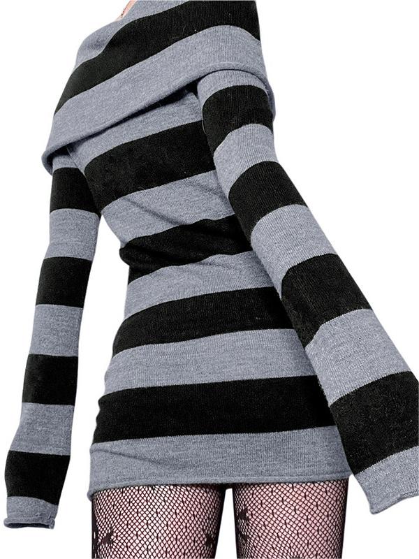 GRAY AND BLACK STRIPED OFF-THE-SHOULDER SWEATER DRESS SLIM FIT Y2K