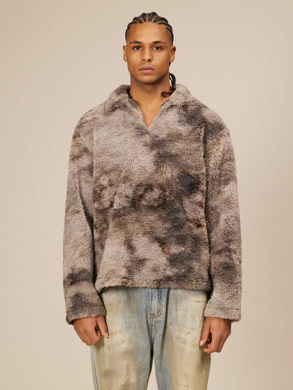GRAY AND BLACK TIE-DYE FAUX FUR PULLOVER OVERSIZED DROPPED SHOULDER