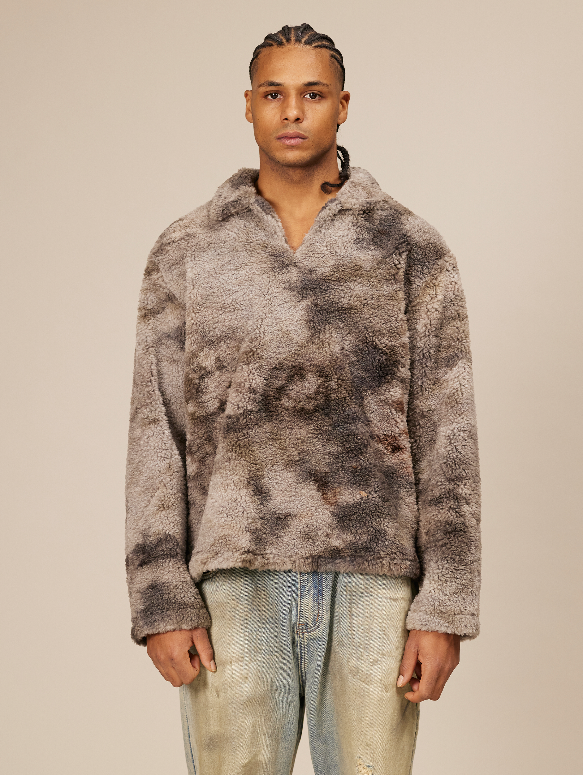 GRAY AND BLACK TIE-DYE FAUX FUR PULLOVER OVERSIZED DROPPED SHOULDER