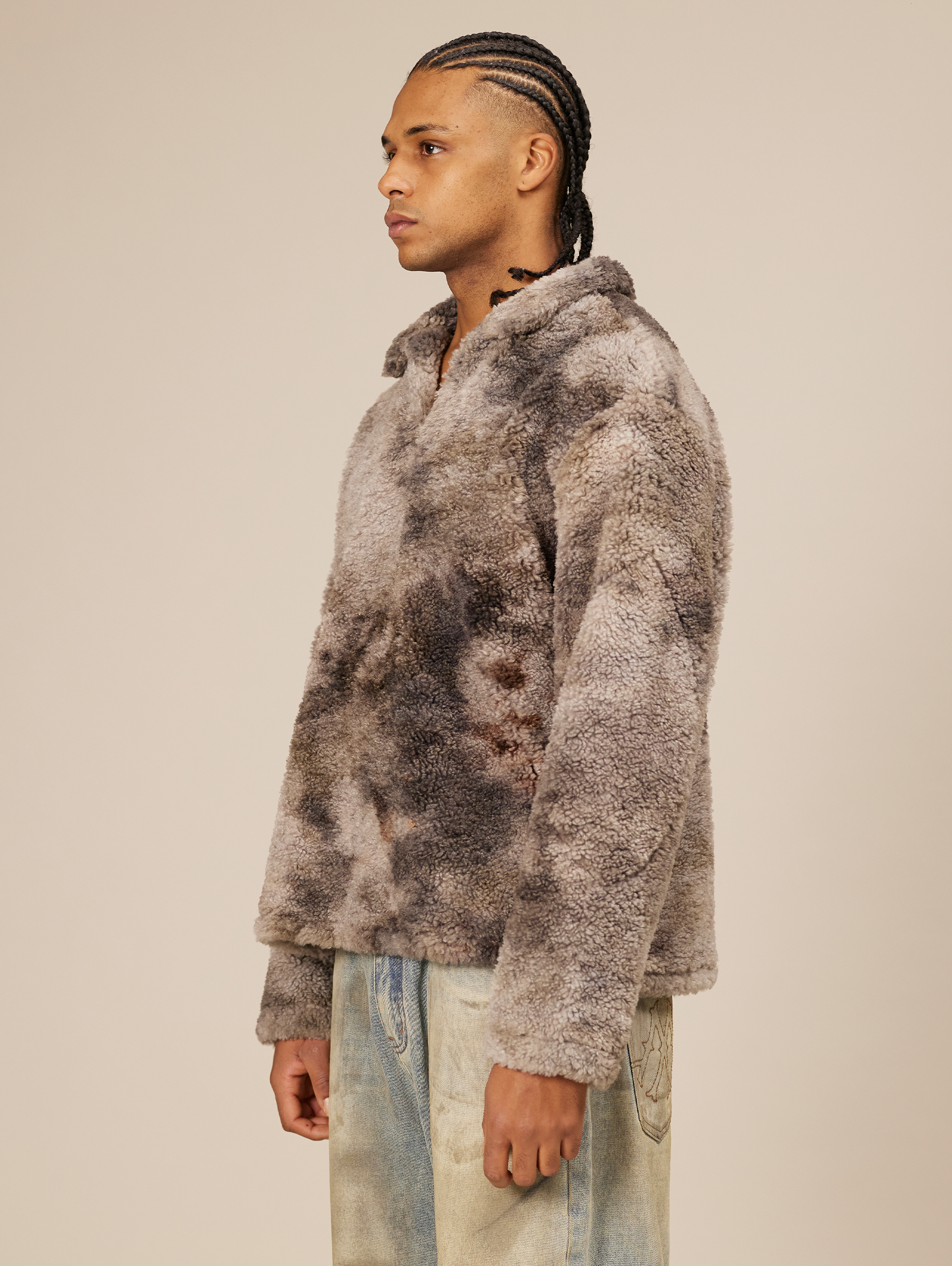 GRAY AND BLACK TIE-DYE FAUX FUR PULLOVER OVERSIZED DROPPED SHOULDER