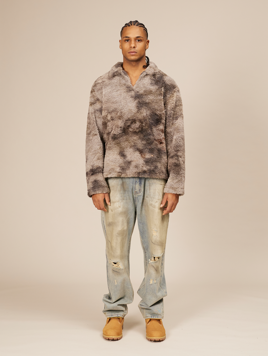 GRAY AND BLACK TIE-DYE FAUX FUR PULLOVER OVERSIZED DROPPED SHOULDER
