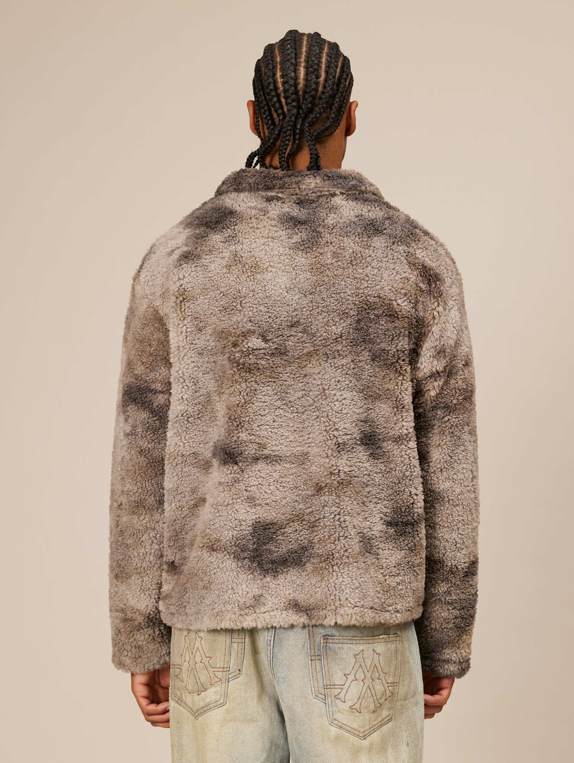 GRAY AND BLACK TIE-DYE FAUX FUR PULLOVER OVERSIZED DROPPED SHOULDER