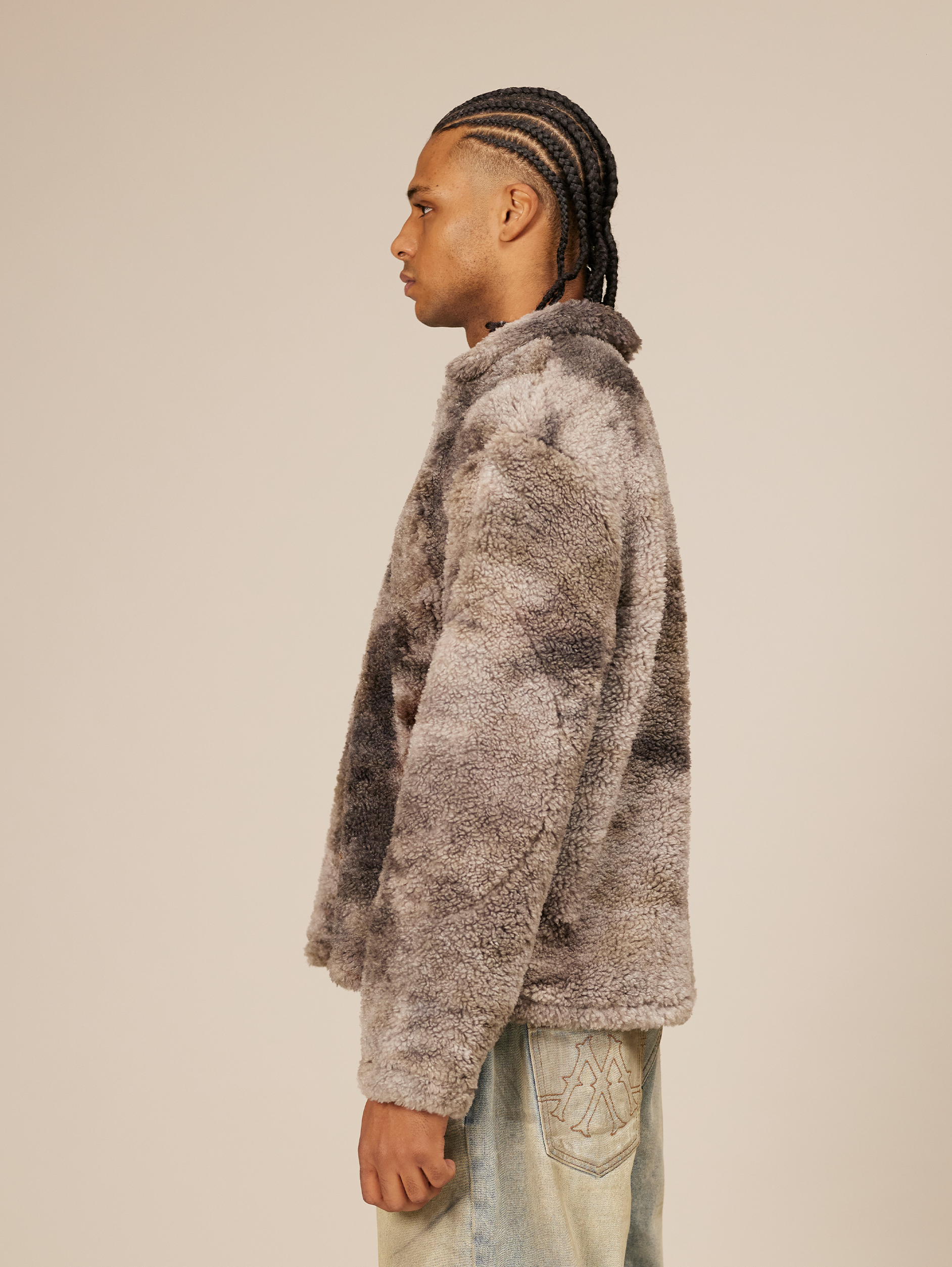 GRAY AND BLACK TIE-DYE FAUX FUR PULLOVER OVERSIZED DROPPED SHOULDER