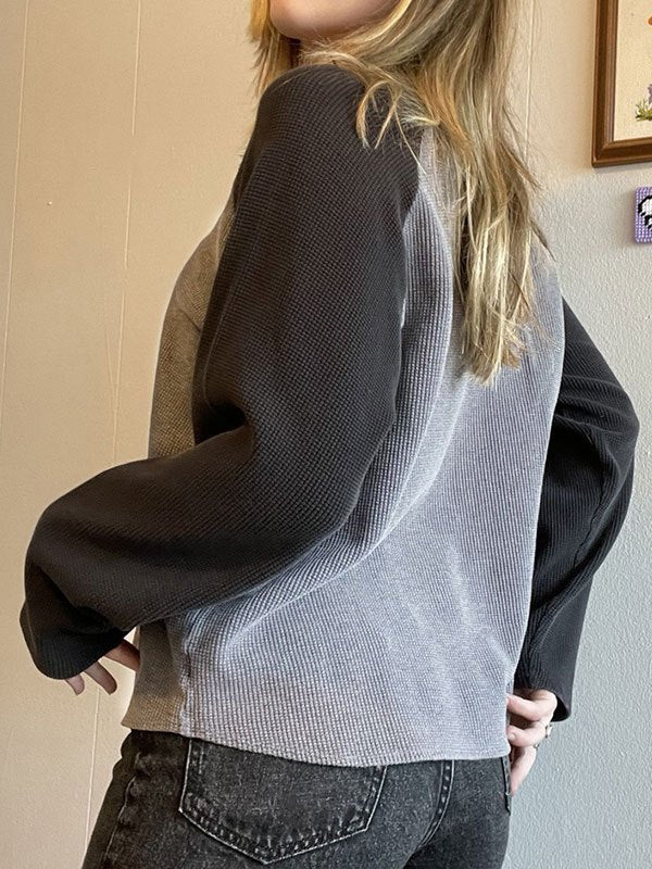 GRAY AND BLACK WAFFLE-KNIT RAGLAN LONG SLEEVE SHIRT