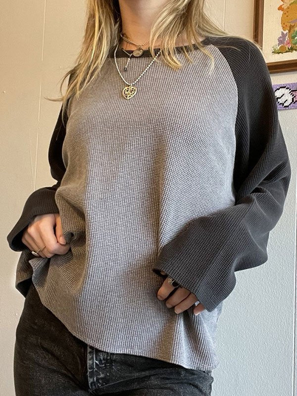 GRAY AND BLACK WAFFLE-KNIT RAGLAN LONG SLEEVE SHIRT