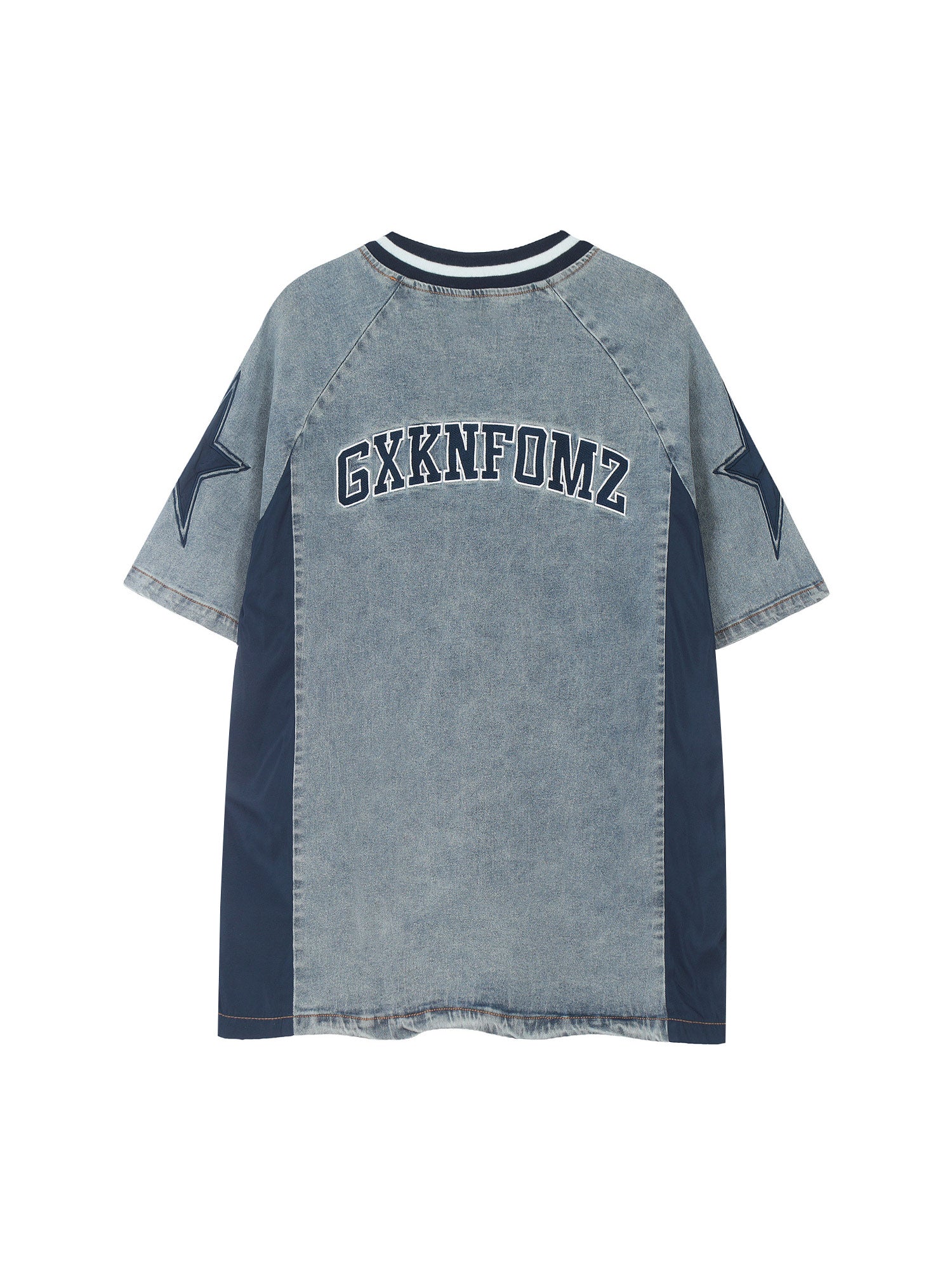 GRAY AND BLUE JERSEY SHIRT WITH 90 PRINT DESIGN SHORT SLEEVES