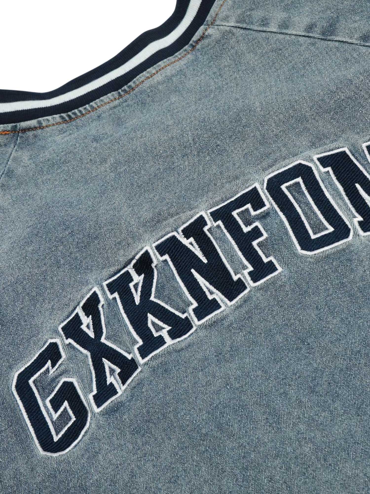 GRAY AND BLUE JERSEY SHIRT WITH 90 PRINT DESIGN SHORT SLEEVES