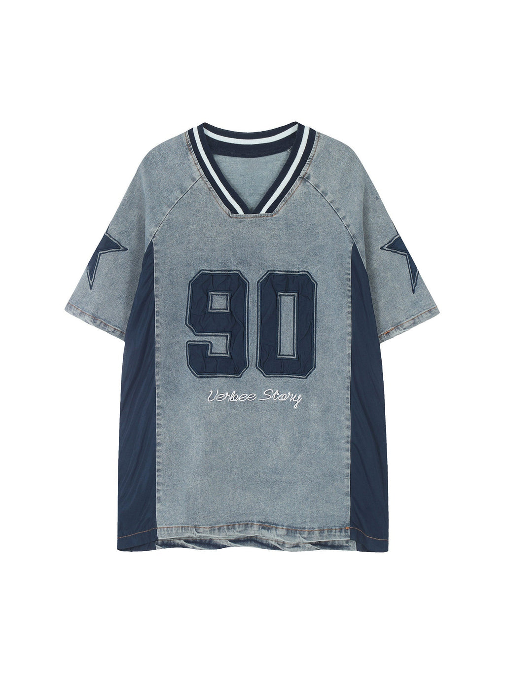 GRAY AND BLUE JERSEY SHIRT WITH 90 PRINT DESIGN SHORT SLEEVES