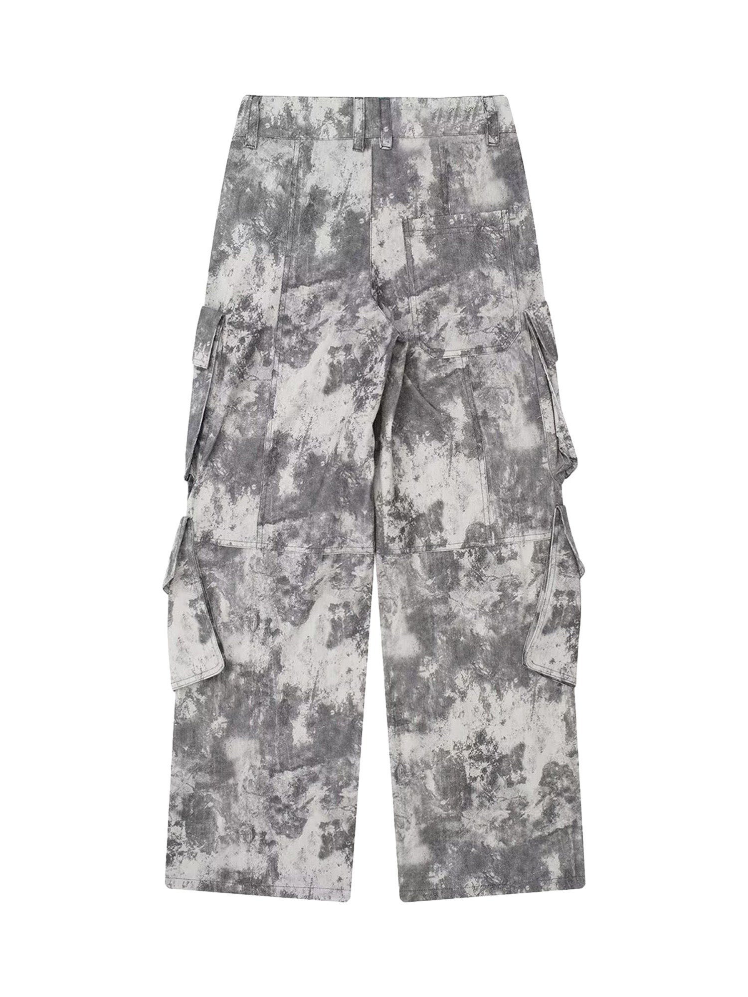 GRAY AND WHITE CAMOUFLAGE CARGO PANTS WIDE LEG LONG PANTS