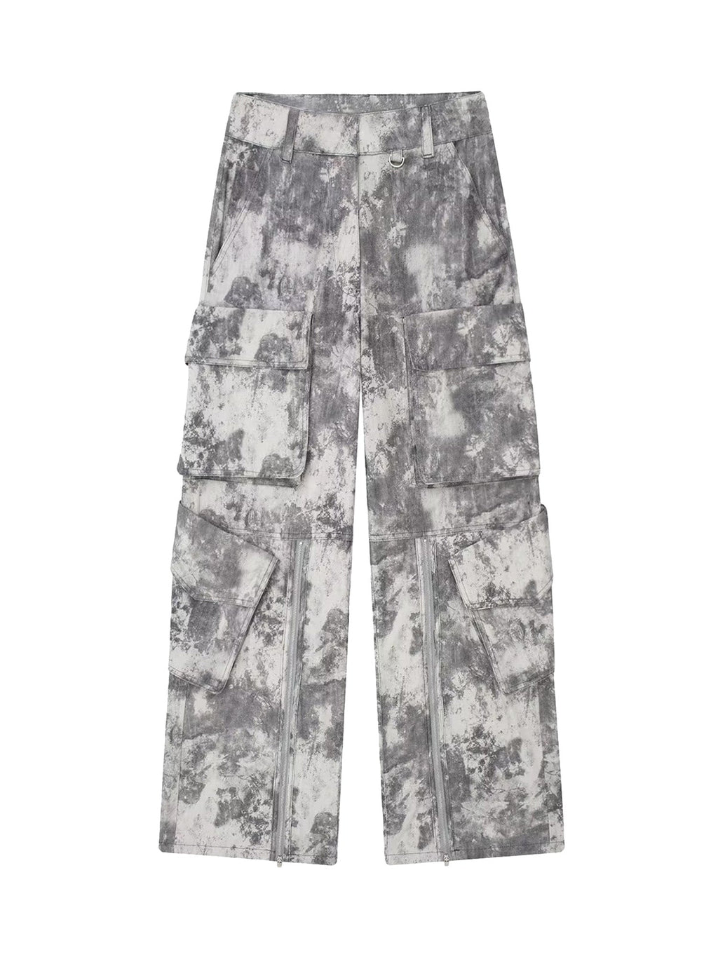 GRAY AND WHITE CAMOUFLAGE CARGO PANTS WIDE LEG LONG PANTS