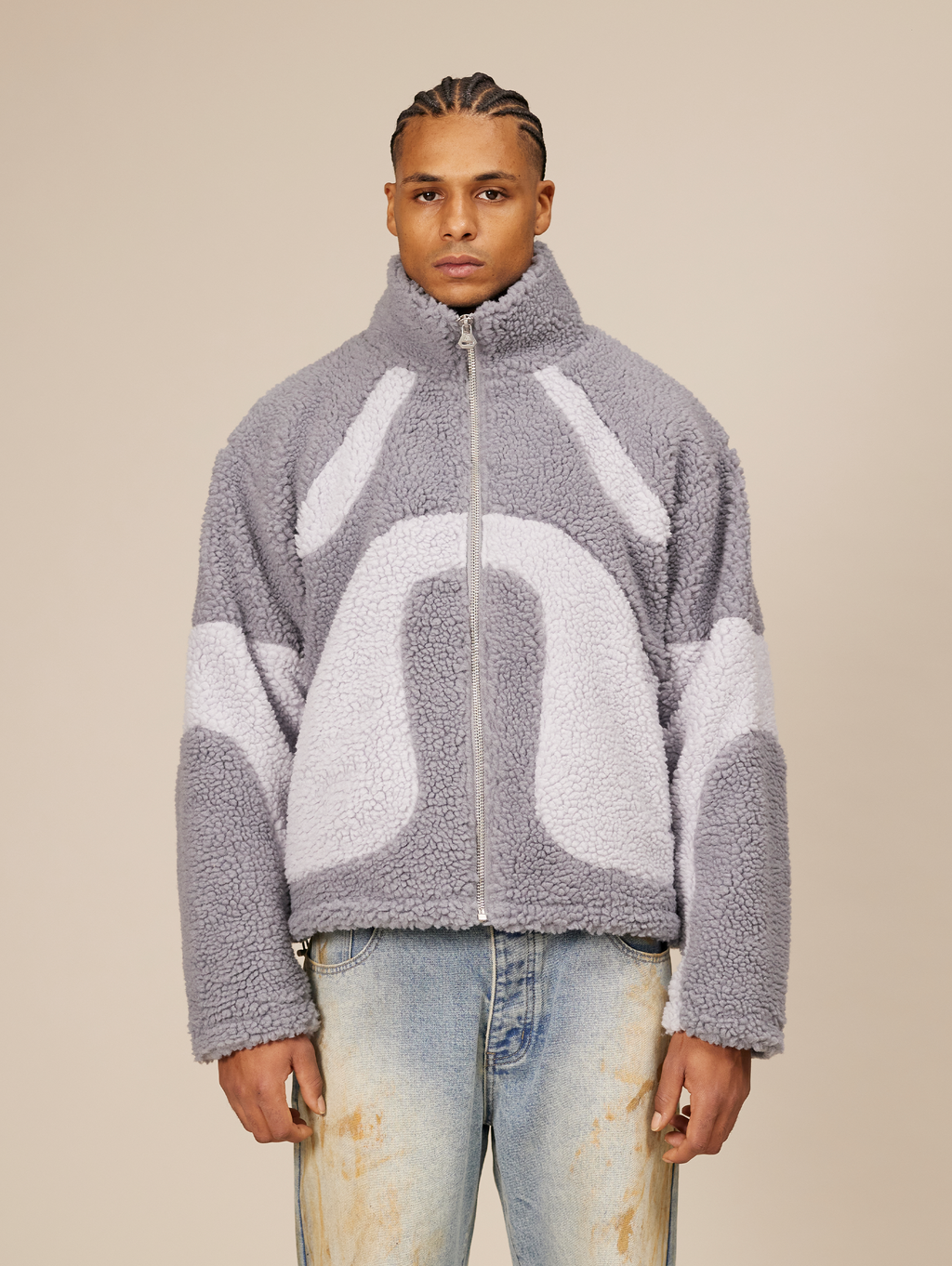 GRAY AND WHITE FLEECE JACKET WITH OVERSIZED DROPPED SHOULDER DESIGN