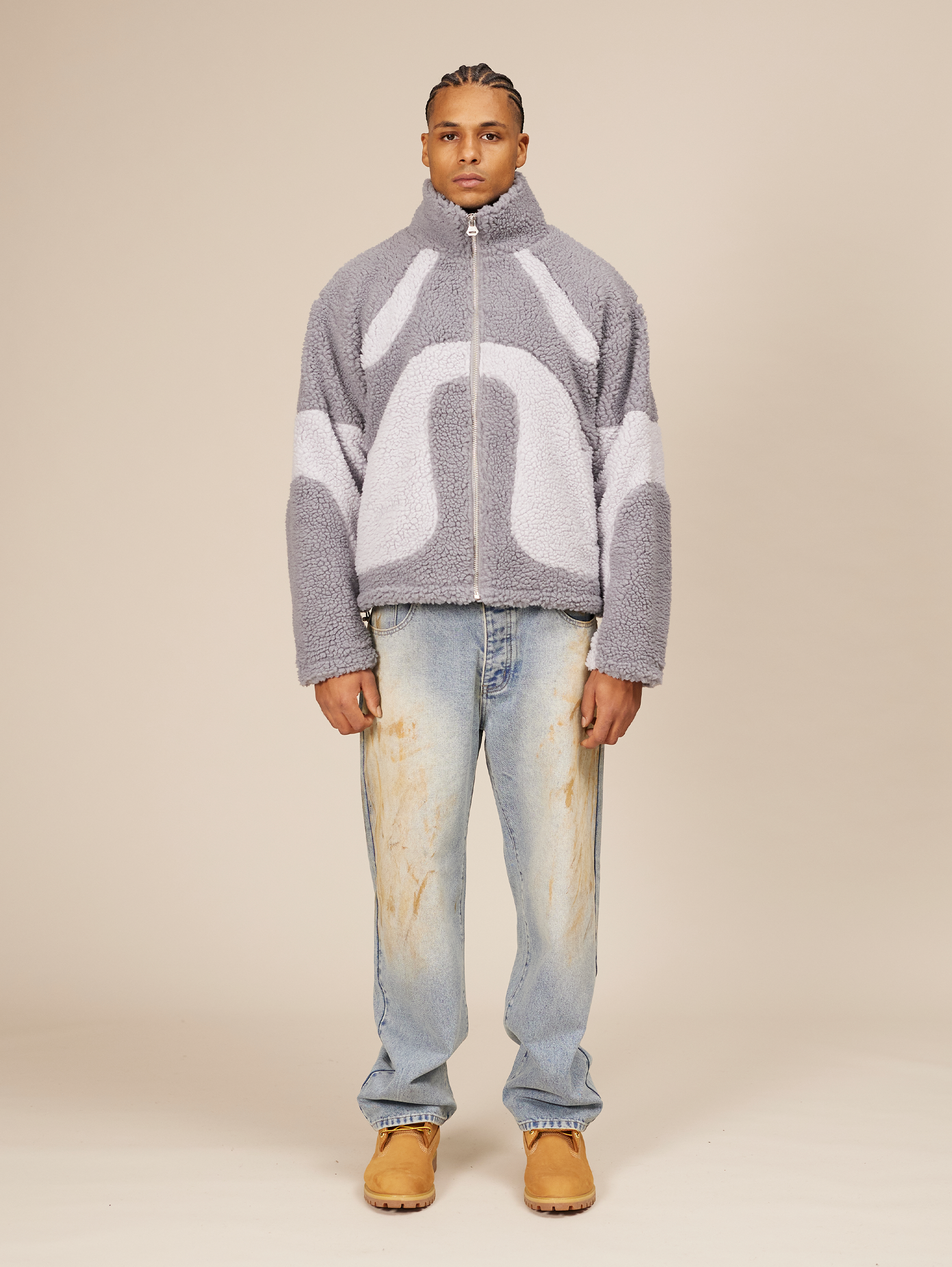 GRAY AND WHITE FLEECE JACKET WITH OVERSIZED DROPPED SHOULDER DESIGN