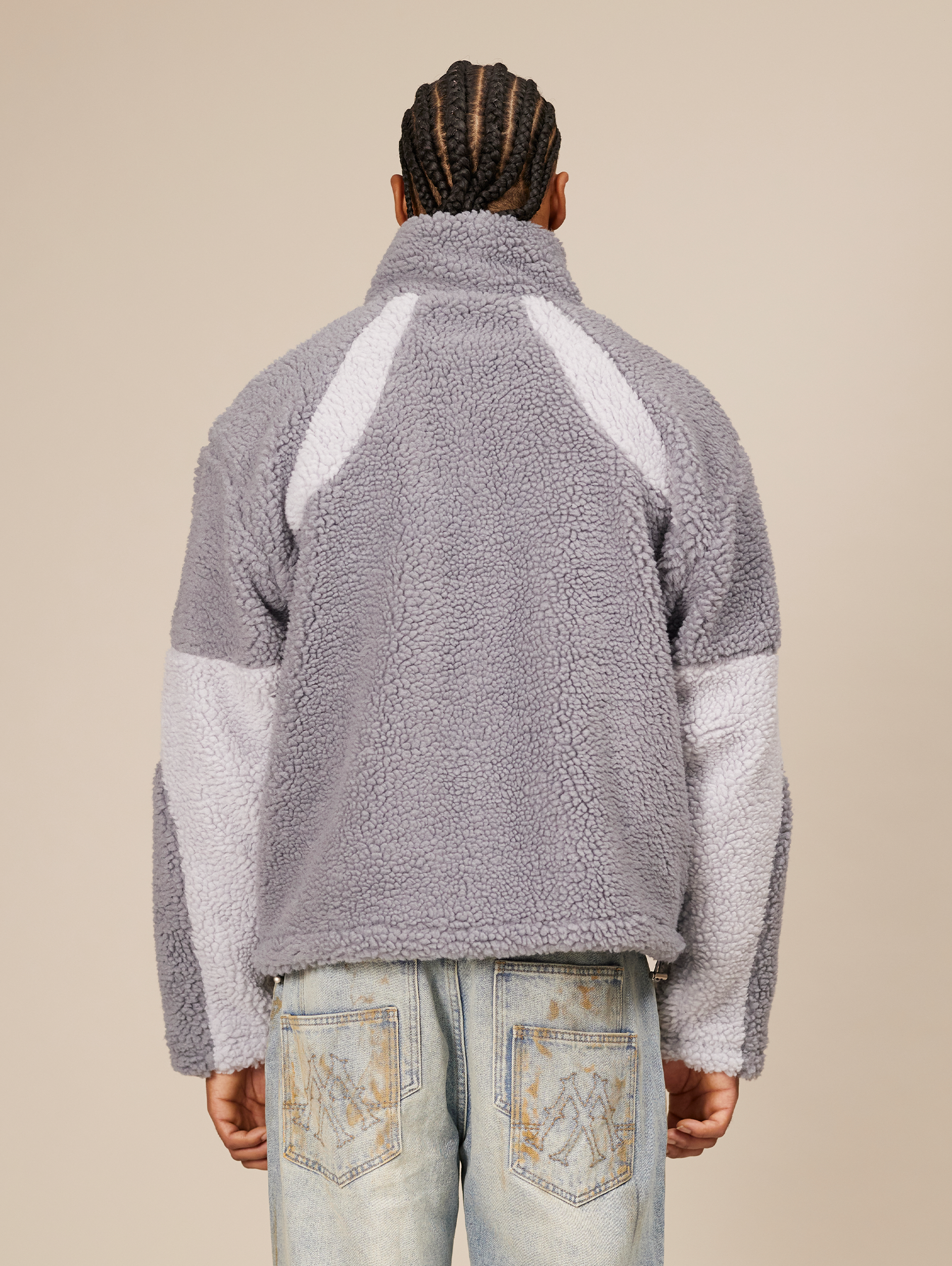 GRAY AND WHITE FLEECE JACKET WITH OVERSIZED DROPPED SHOULDER DESIGN