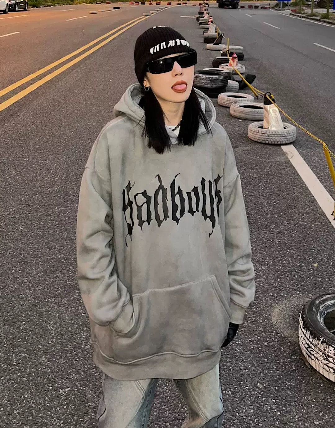 GRAY BADBOYS HOODIE ROUND NECK CASUAL VINTAGE COTTON