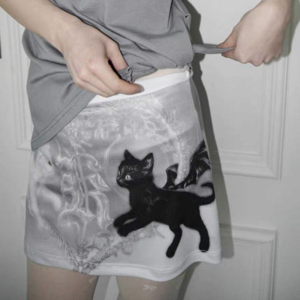 GRAY BLACK CAT MINI SKIRT