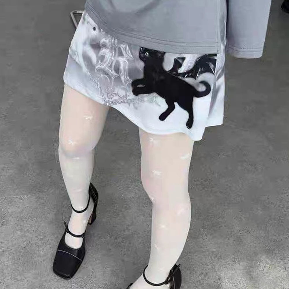GRAY BLACK CAT MINI SKIRT