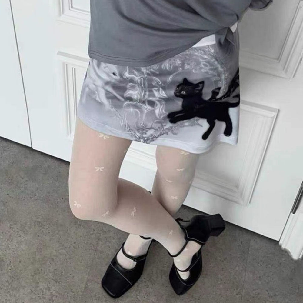 GRAY BLACK CAT MINI SKIRT