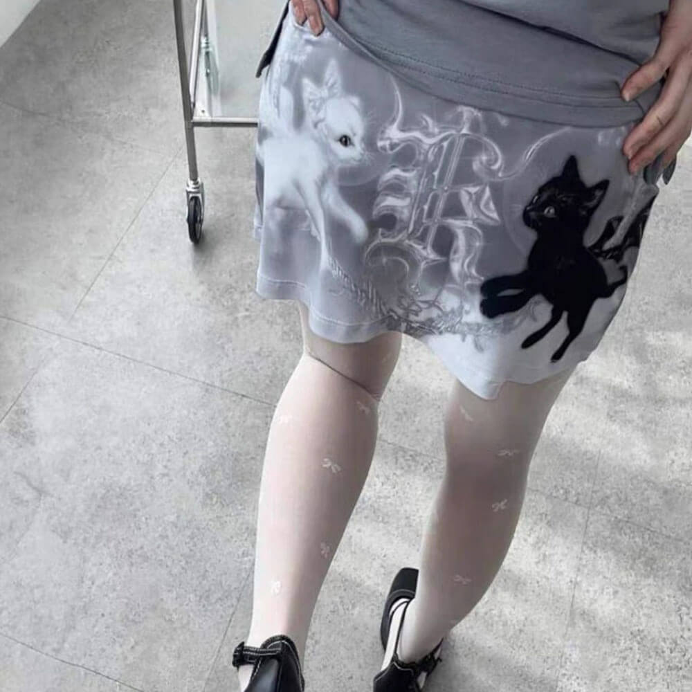 GRAY BLACK CAT MINI SKIRT