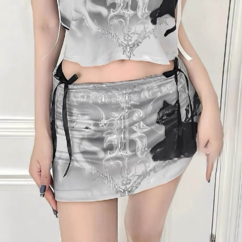 GRAY BLACK CAT MINI SKIRT