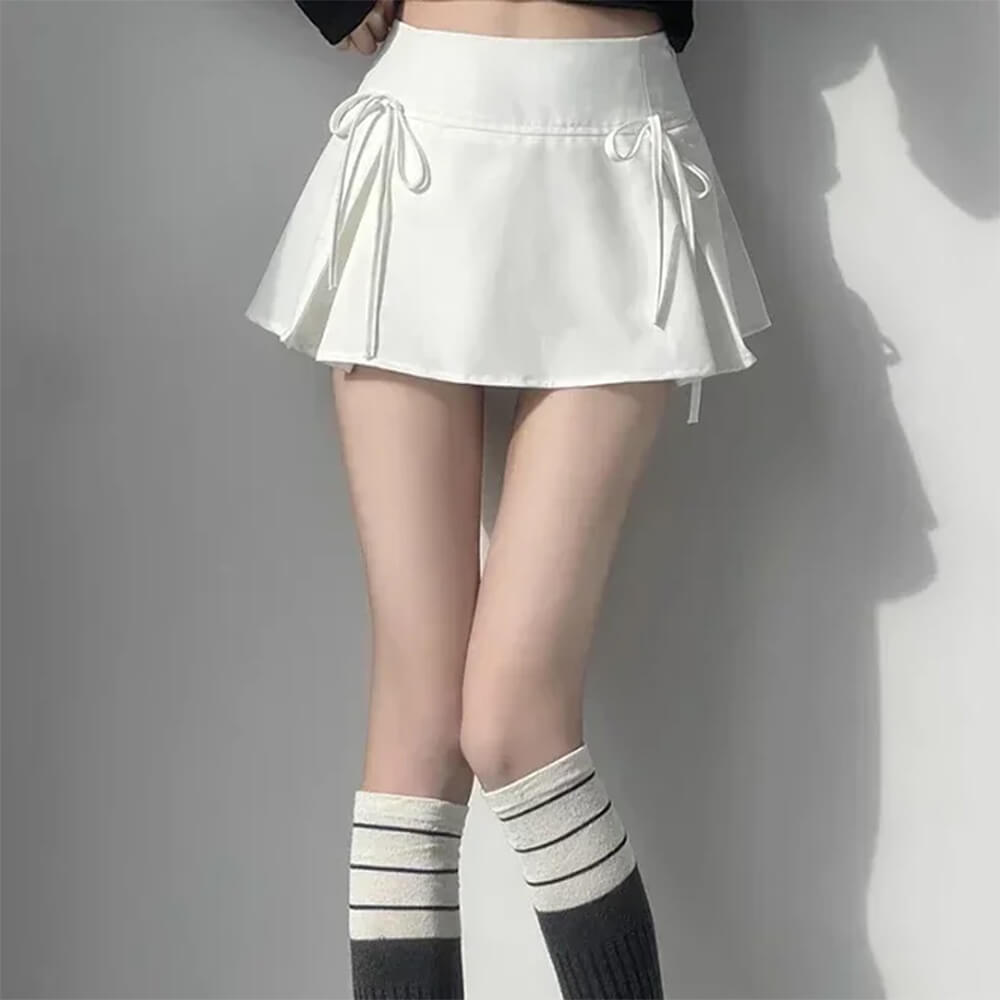 GRAY BOW PLEATED MINI SKIRT