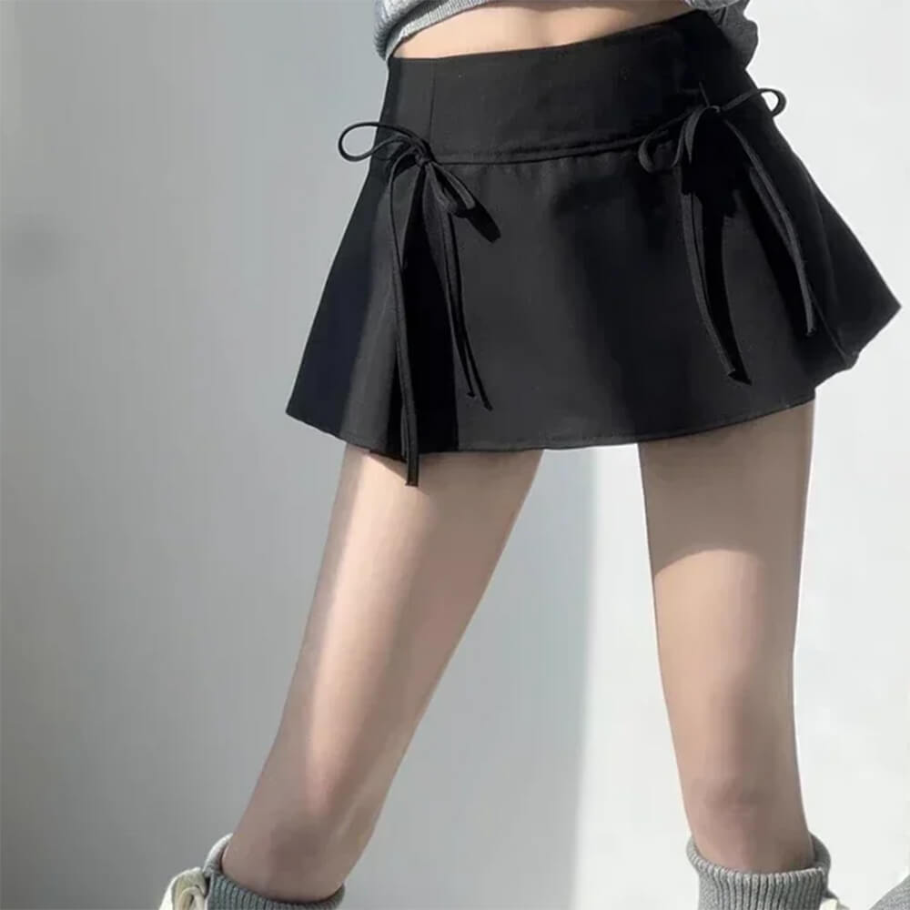 GRAY BOW PLEATED MINI SKIRT