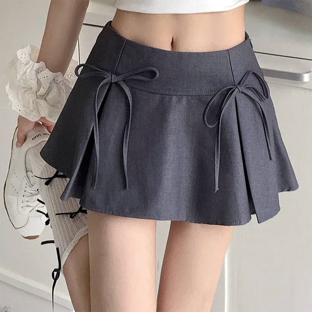 GRAY BOW PLEATED MINI SKIRT