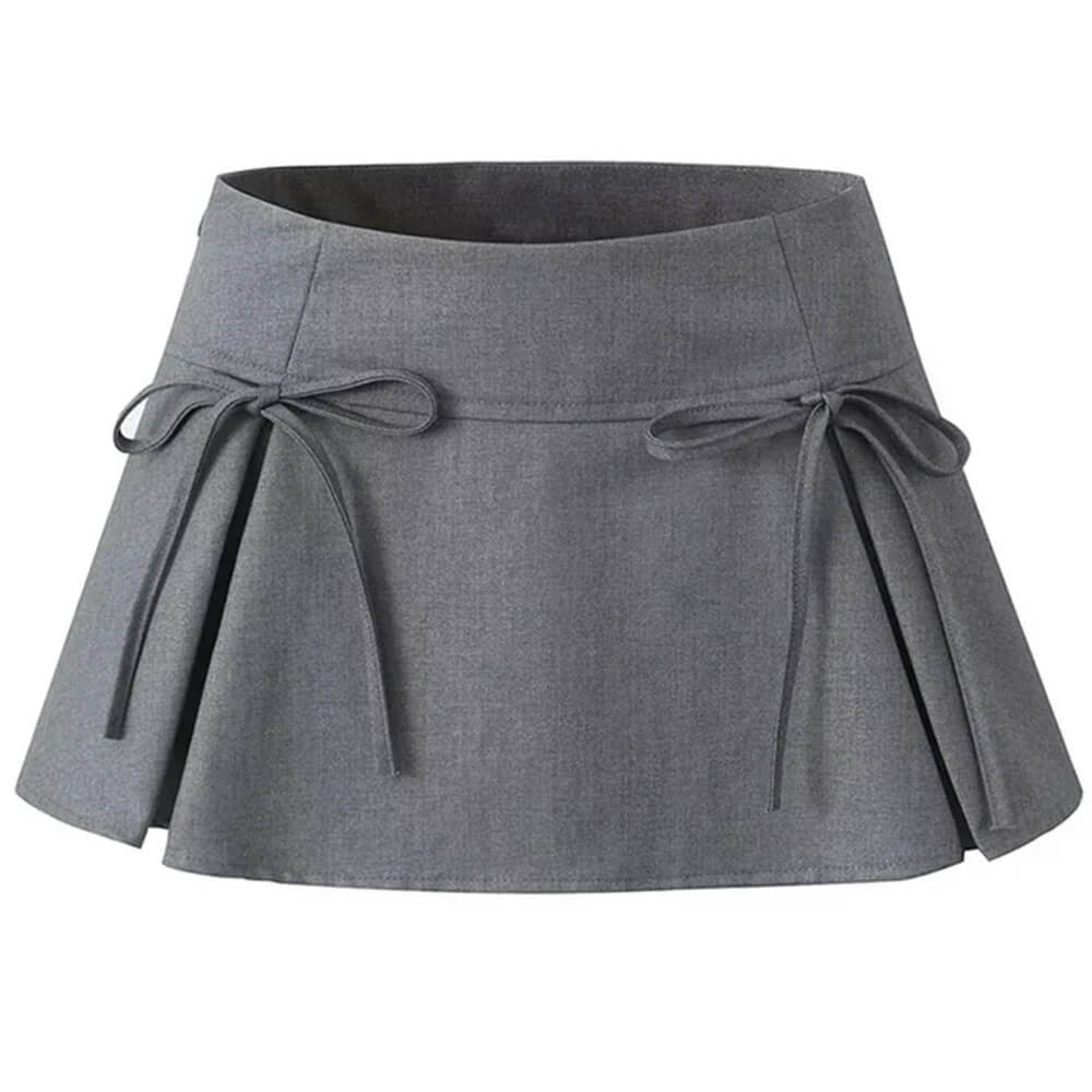 GRAY BOW PLEATED MINI SKIRT