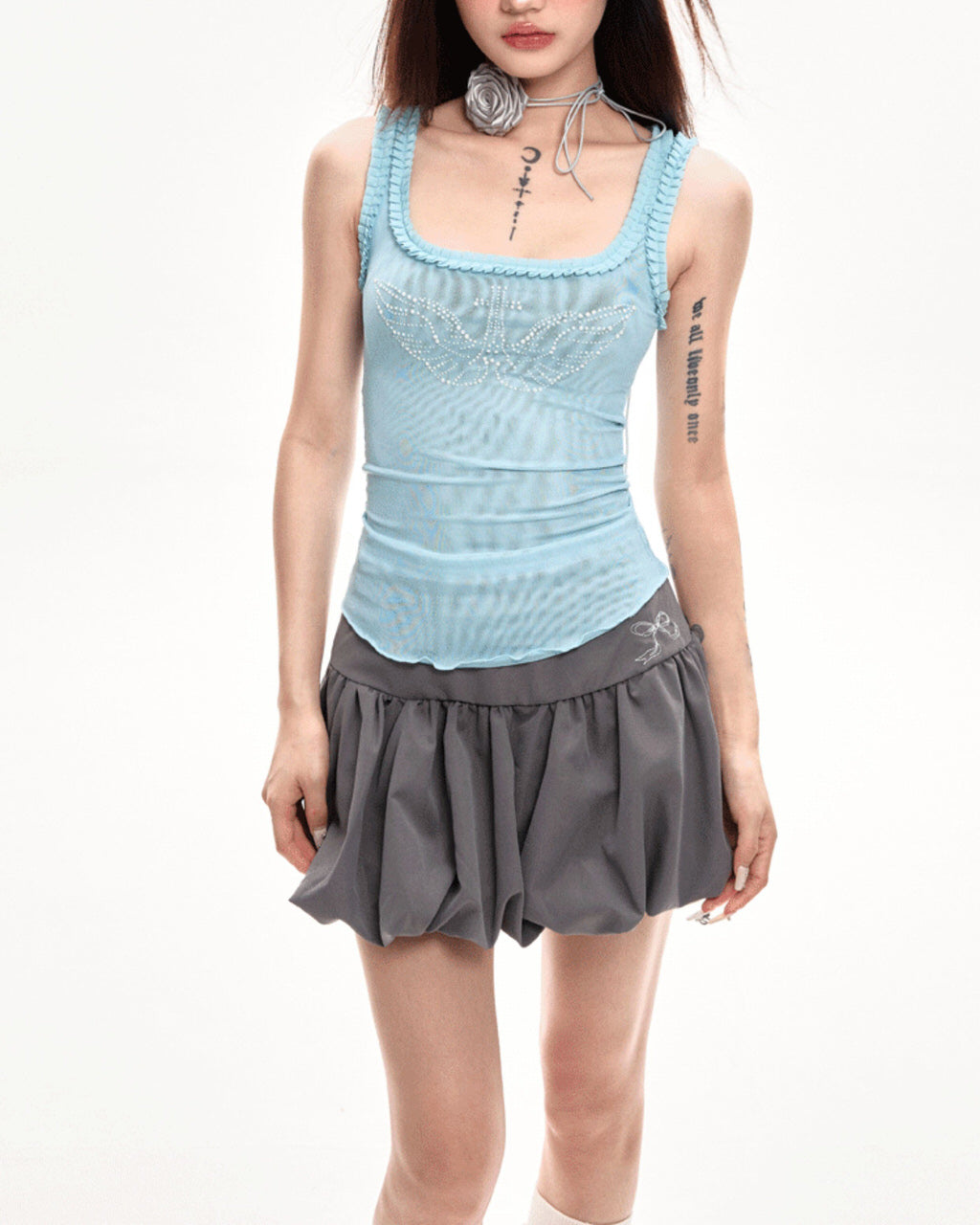 GRAY BUBBLE HEM MINI SKIRT COQUETTE AESTHETIC