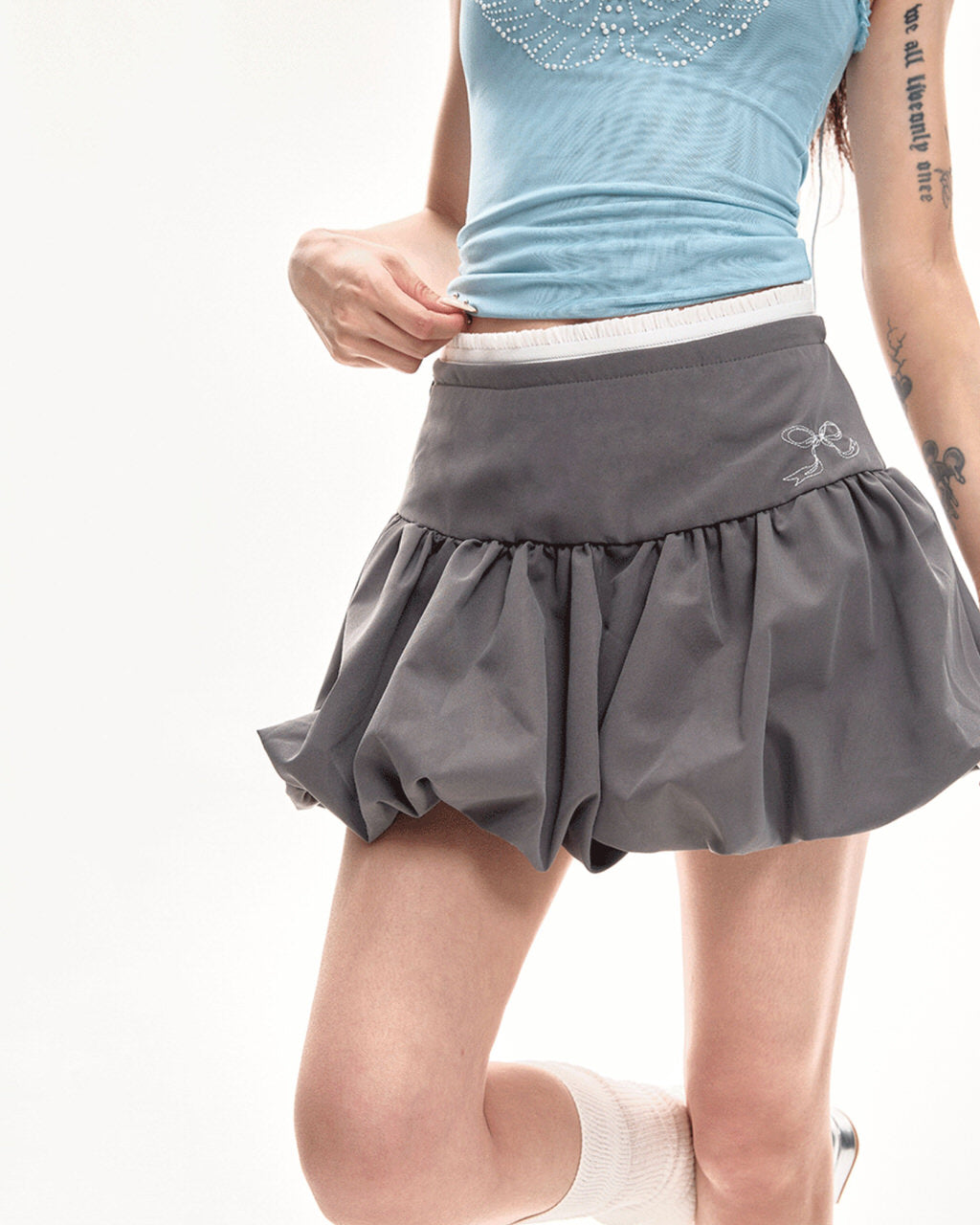 GRAY BUBBLE HEM MINI SKIRT COQUETTE AESTHETIC