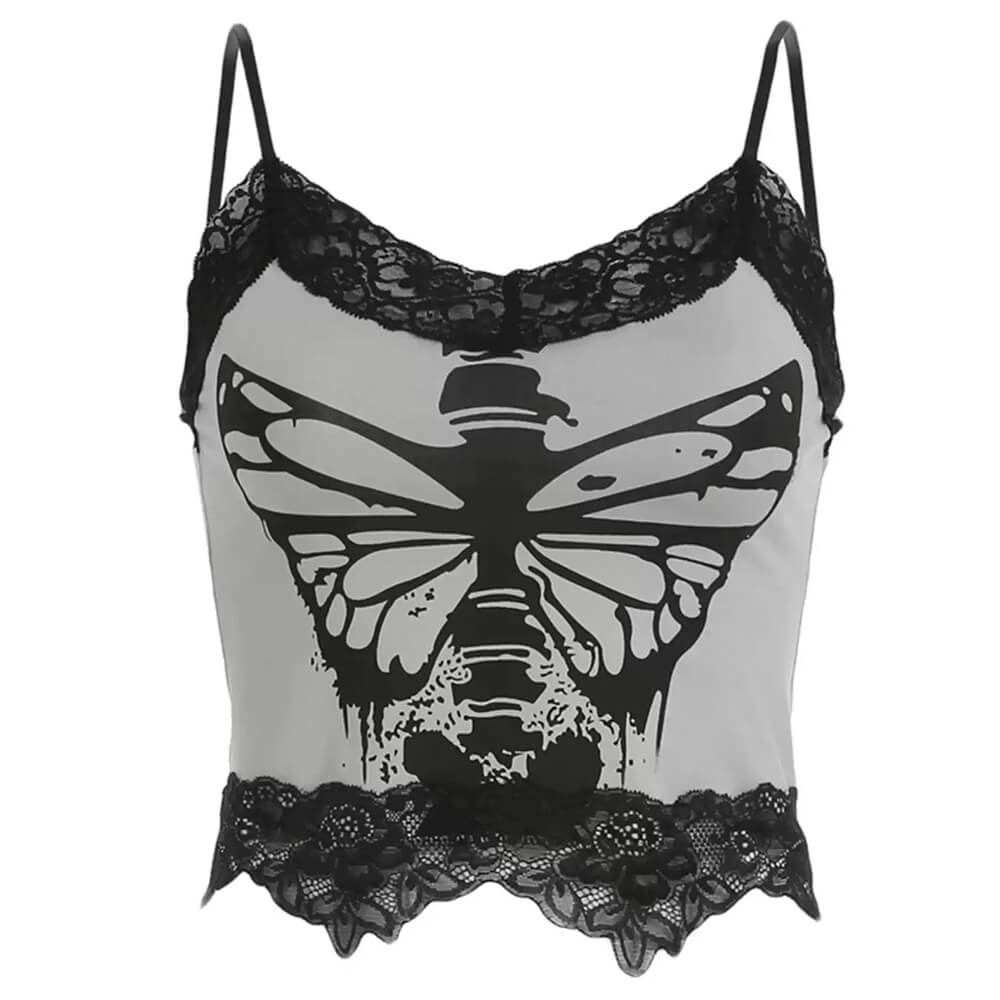 GRAY BUTTERFLY LACE CAMISOLE GOTHIC BUTTERFLY PRINT