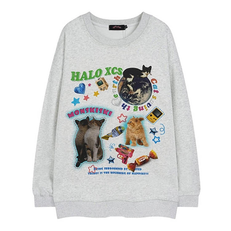 GRAY CAT PLANET GRAPHIC SWEATSHIRT FOR CAT PLANET FANS