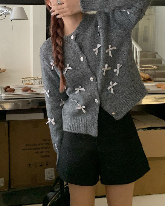 GRAY COQUETTE AESTHETIC CARDIGAN WITH WHITE BOWS