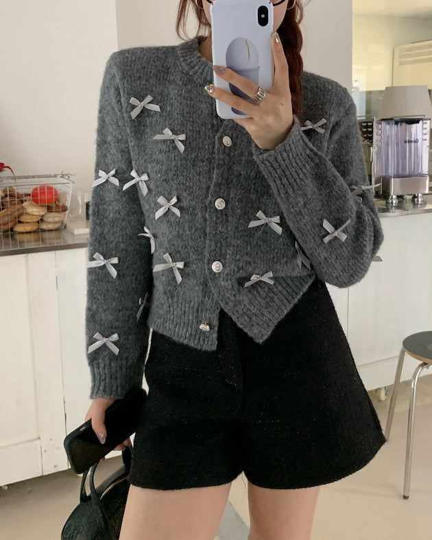GRAY COQUETTE AESTHETIC CARDIGAN WITH WHITE BOWS
