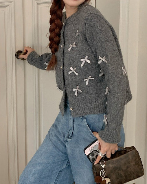 GRAY COQUETTE AESTHETIC CARDIGAN WITH WHITE BOWS