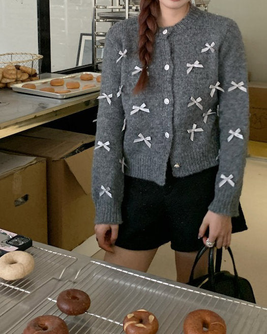 GRAY COQUETTE AESTHETIC CARDIGAN WITH WHITE BOWS