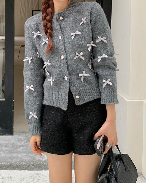 GRAY COQUETTE AESTHETIC CARDIGAN WITH WHITE BOWS