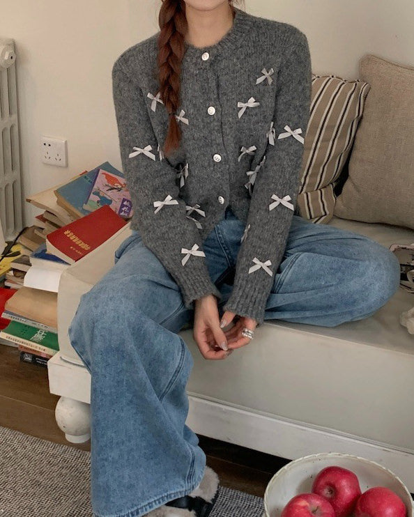 GRAY COQUETTE AESTHETIC CARDIGAN WITH WHITE BOWS