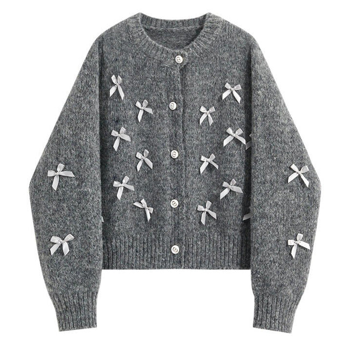 GRAY COQUETTE AESTHETIC CARDIGAN WITH WHITE BOWS