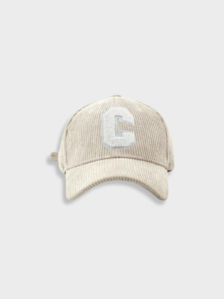 GRAY CORDUROY BASEBALL CAP WITH WHITE C - ATHLETIC HAT FOR BREATHABLE FIT