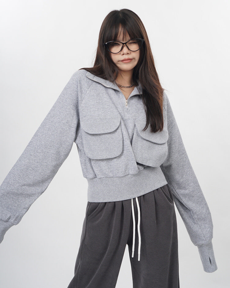 GRAY CROPPED SWEATSHIRT WITH POCKETS FOR YOUR 27TH BIRTHDAY VLOG AND PURPLE SOCKS