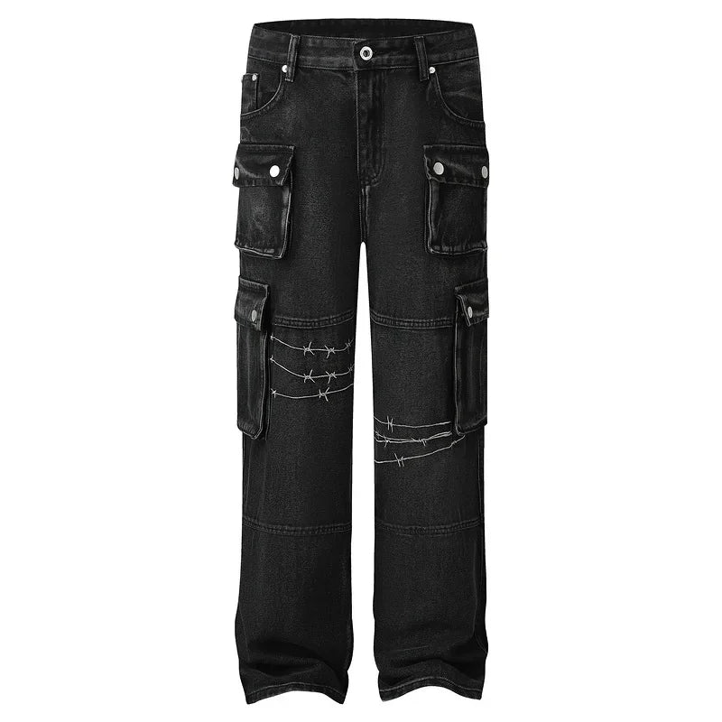 GRAY DENIM CARGO PANTS WITH FUNCTIONAL POCKETS FOR WORK