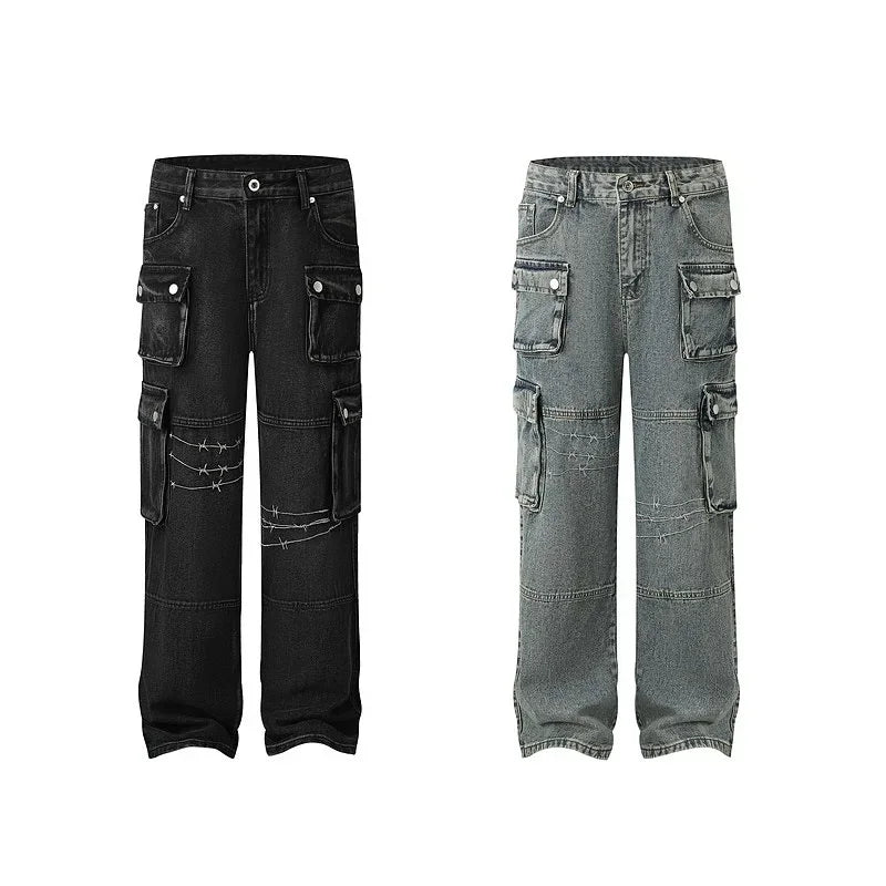 GRAY DENIM CARGO PANTS WITH FUNCTIONAL POCKETS FOR WORK