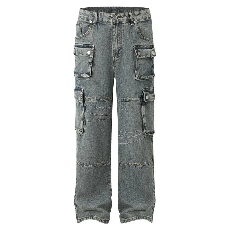 GRAY DENIM CARGO PANTS WITH FUNCTIONAL POCKETS FOR WORK