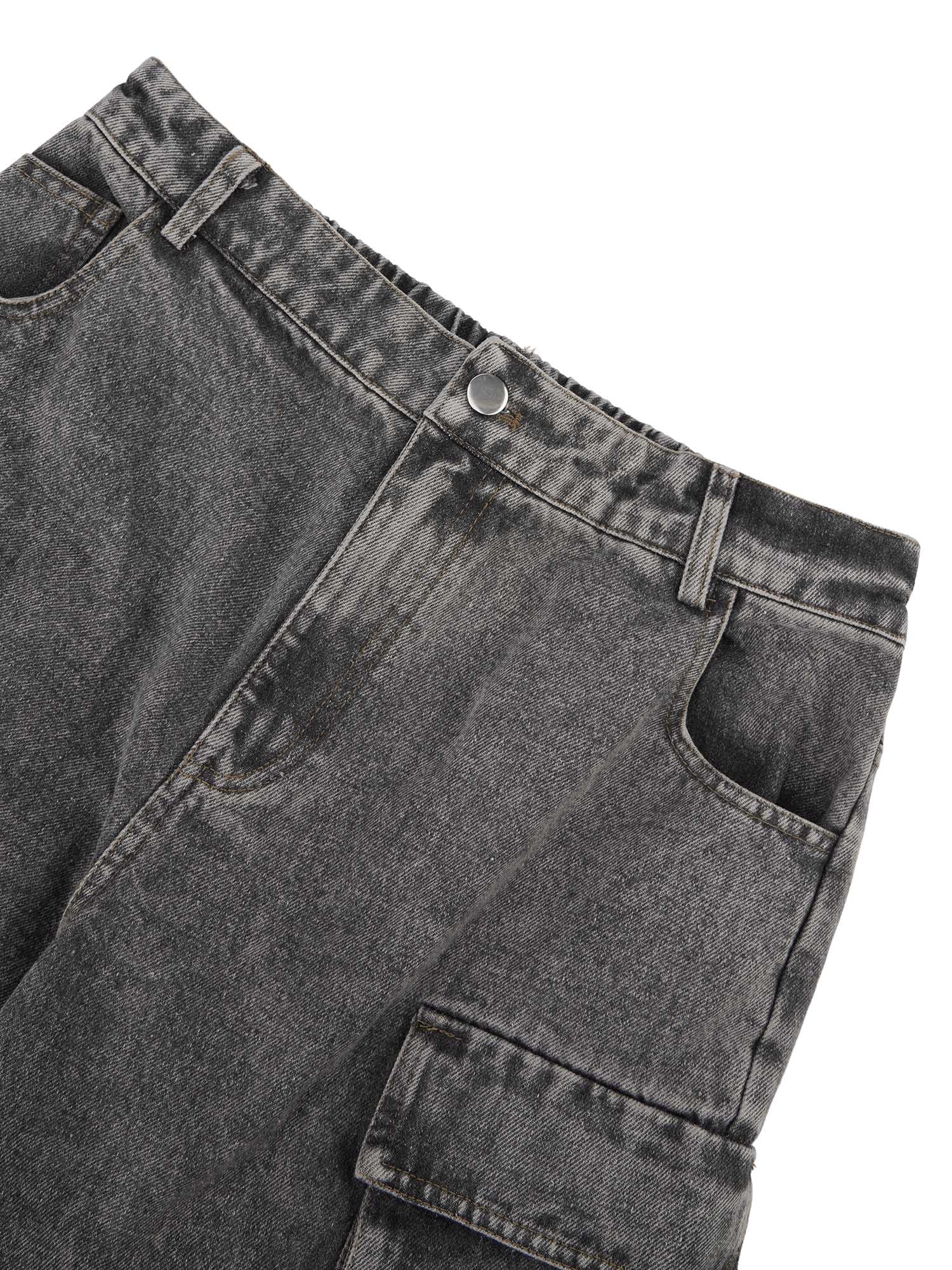 GRAY DENIM CARGO PANTS WITH STRAIGHT LEG DESIGN