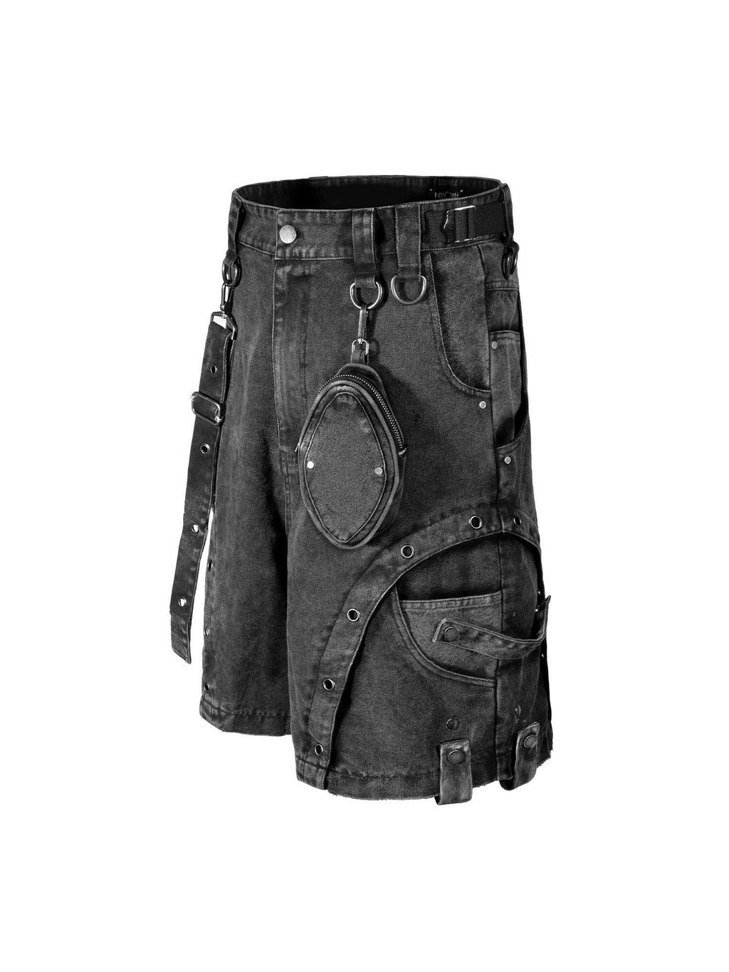 GRAY DENIM CARGO SHORTS MID WAIST WIDE LEG DESIGN