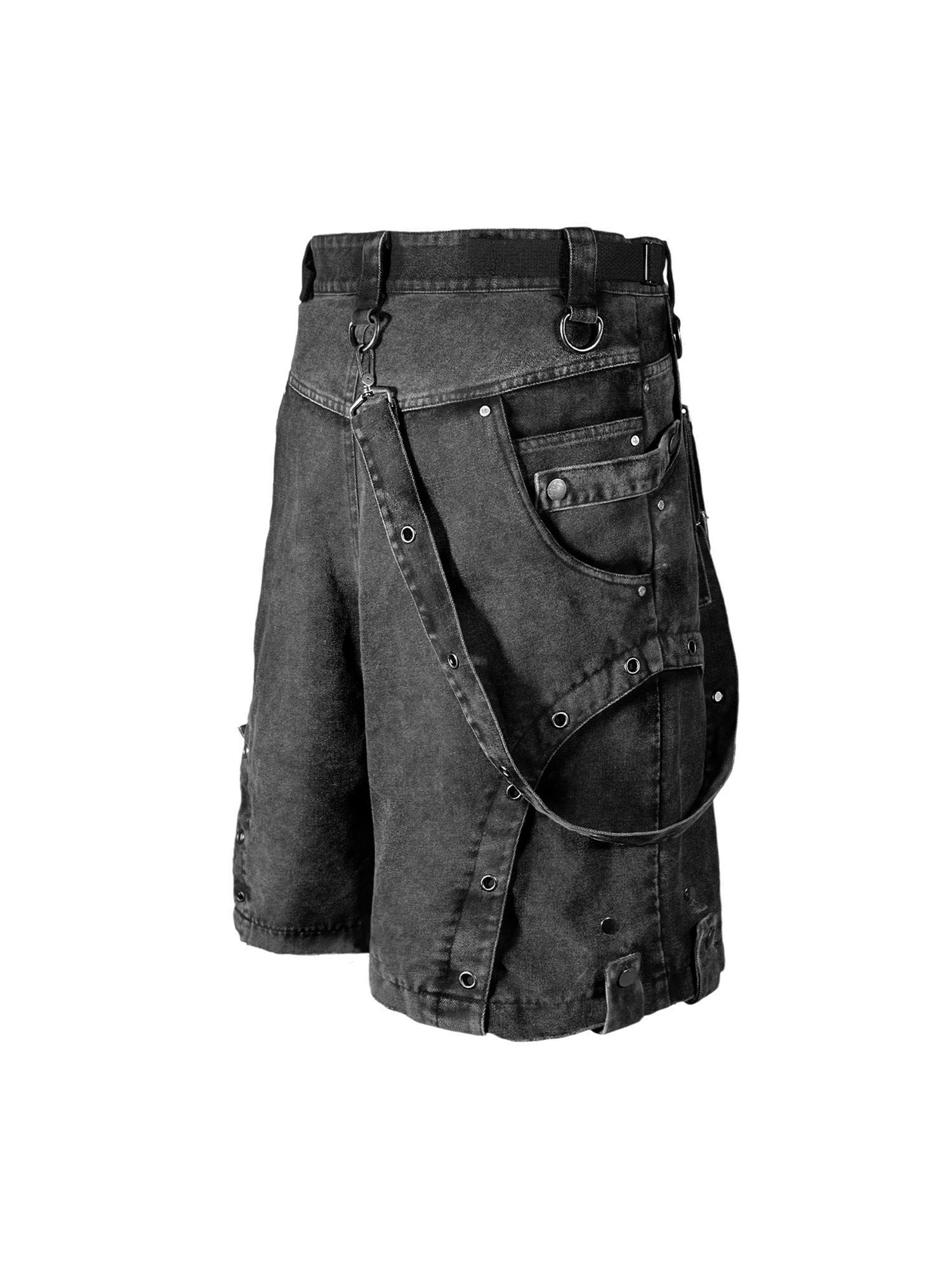 GRAY DENIM CARGO SHORTS MID WAIST WIDE LEG DESIGN